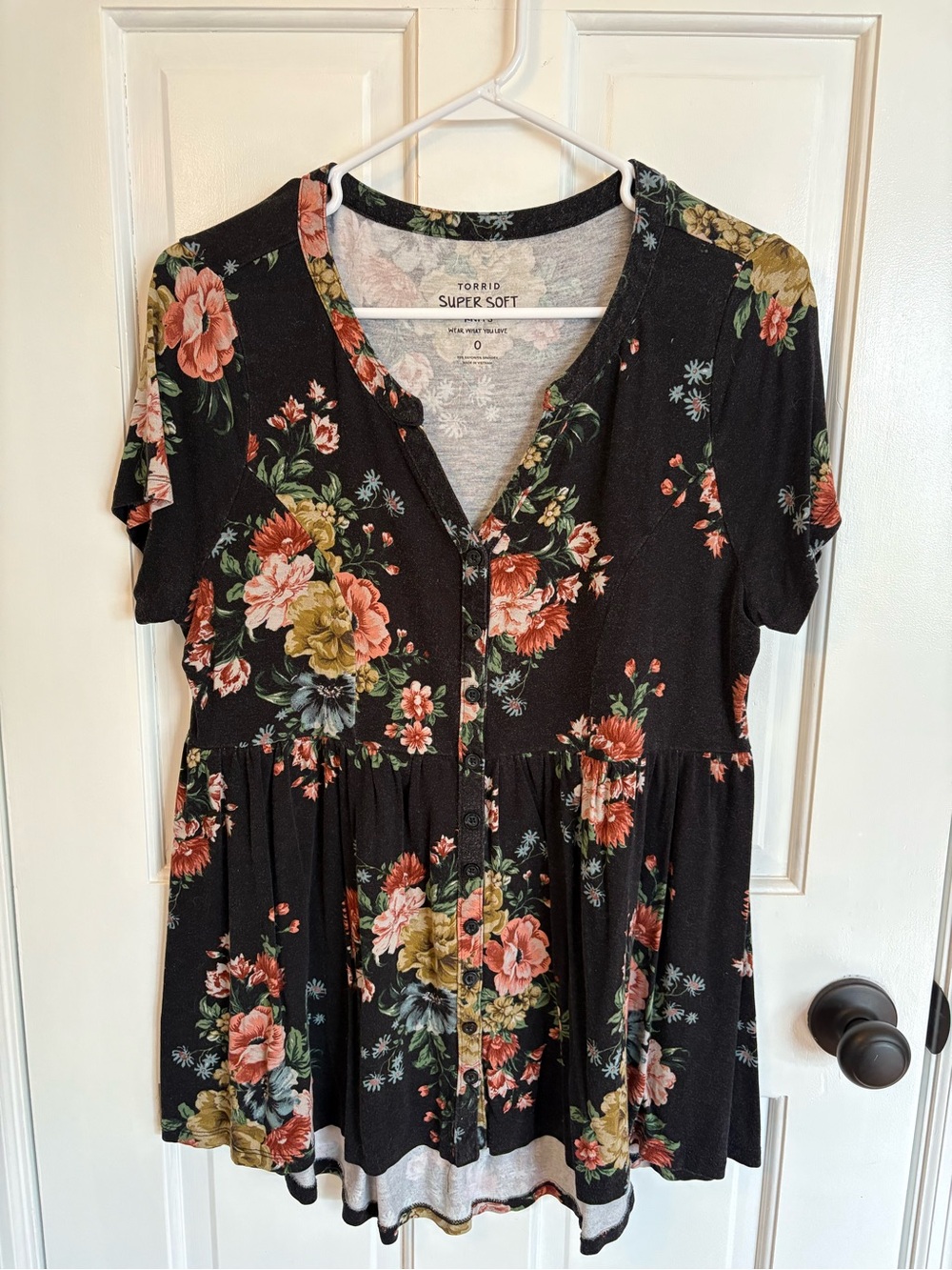 torrid Black Floral Super Soft Knit Top with Pale Blue and Pink Blooms